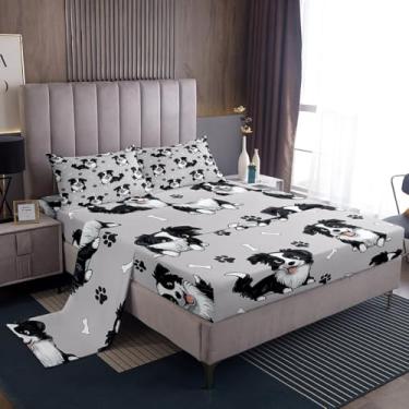 Imagem de Erosebridal Jogo de lençol Queen com estampa de cachorro, lindo desenho animado de animal e cachorro, adorável Border Collie para amantes de cães, lençol de cima para meninos e meninas