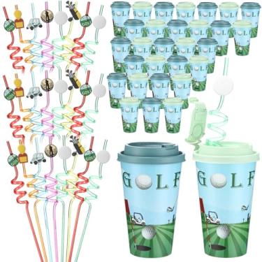 Imagem de Yungyan 16 conjuntos de copos de brindes de festa de golfe com tampas e canudos para decorações de aniversário reutilizáveis copos de golfe de plástico de 473 ml canudos de plástico para fãs de