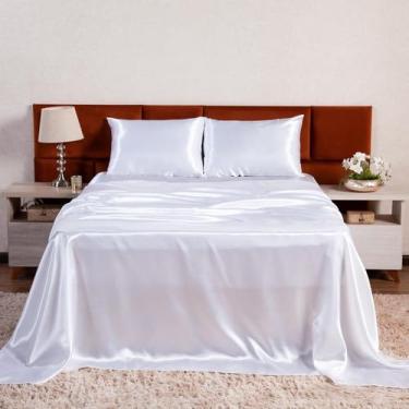 Imagem de LM Detona, Jogo De Lençol Superior Casal Padrão Cetim Seda Branco 3 Peças