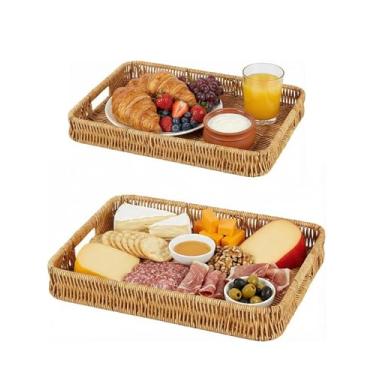Imagem de Bandejas de servir de vime com alças, conjunto de 2 bandejas de armazenamento de cesta de vime, bandejas decorativas de tecido para mesa de centro, bandeja de lanche rústica retangular para pão