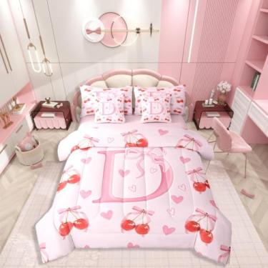 Imagem de Conjunto de cama casal com letra D, 7 peças, monograma com laço kawaii, estilo princesa, inclui edredom, conjunto de lençol, fronhas e fronhas, decoração de quarto de coração fofo para amantes de