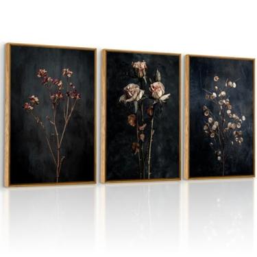 Imagem de QTUSYUR Arte de parede de flores silvestres secas escuras - Impressão de arte botânica floral grande - Arte em tela de flores de fazenda para quarto e sala de estar - Imagens de parede minimalistas