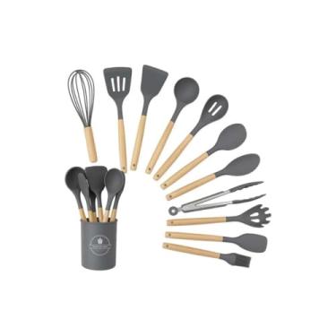 Imagem de Kit 12 Utensílios de Silicone - Cinza com Cabos de Madeira – Para Cozinha Moderna