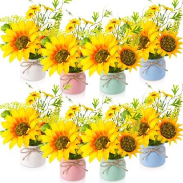 Imagem de Zeyune 8 peças de girassóis artificiais em vasos de plantas de seda rústica para cozinha, centros de mesa de centro de mesa de flores falsas amarelas com vaso de plástico para verão, banheiro