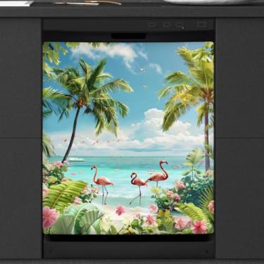 Imagem de Capa magnética para lava-louças Flamingo Palm Beach Front capa de lava-louças decorativa geladeira reutilizável eletrodomésticos adesivos decoração 58 x 66 cm