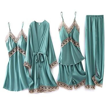 Imagem de HHHJQFAAT Pijamas femininos de cetim conjuntos de pijama conjunto de roupão 5 peças roupa de dormir com decote em V renda camisola pijama com calça G Borgonha-5 peças B (verde 5 peças)