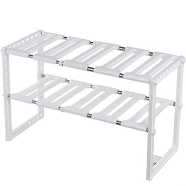 Imagem de Prateleira organizadora de armário expansível, rack de armazenamento de metal resistente para mesa de casa balcão despensa armário banheiro cozinha escritório LYWY (cor: branco, tamanho: 68 x 26 x