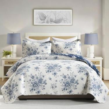 Imagem de PANGUSHAN Conjunto de colcha King Size – Conjunto de edredom King 100% algodão, colcha de fazenda azul e branca com 2 fronhas, roupa de cama floral reversível leve, colcha King para todas as estações