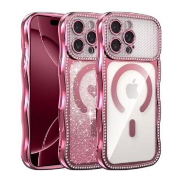 Imagem de UCASONG Capa transparente magnética para iPhone 15 Pro Max de 6,7 polegadas com cartão de glitter gradiente de coração de amor, linda moldura ondulada encaracolada com strass brilhante, compatível com