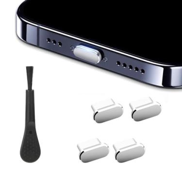 Imagem de 4 peças de plugue de poeira USB C prata com 1 escova de limpeza, capa de porta de carregamento tipo C de metal, capa de plugue USB-C antipoeira tampas de porta de carregamento Protetores de porta de