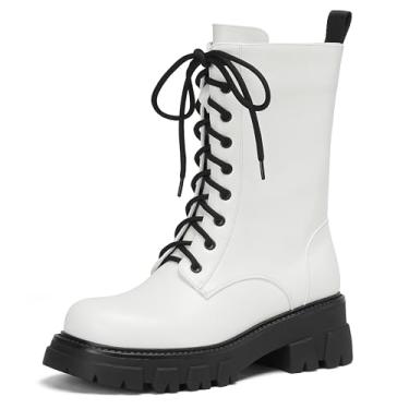 Imagem de ElegaStep Botas femininas de motociclista para motociclistas, botas de combate steampunk, grossas, cano médio, sola com cadarço, zíper lateral, Branco, 37