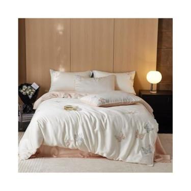 Imagem de Conjunto de cama de 4 peças macio refrescante Tencel Lyocell, capa de edredom de borboleta bordada com 2 fronhas, 1 lençol de cima (150 cm)