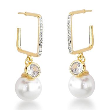 Imagem de Brinco Argola Quadrada Com Perola E Zirconia Banhada A Ouro 18k