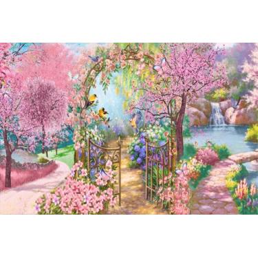 Imagem de Painel de Tecido Sublimado Jardim Aquarela Portão de Entrada e Flores 