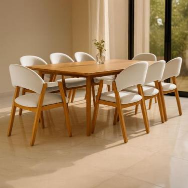 Imagem de Kit 8 Cadeiras de Jantar Noah com Braço Madeira Maciça Linho Estofada 