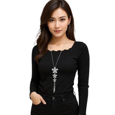 Imagem de Colar Longo Prata com Flores de Cristal Feminino Luxo - - anjo da mamã