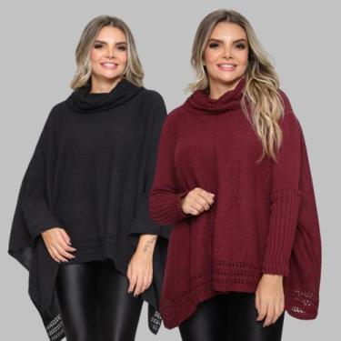 Imagem de Kit 2 Poncho Feminino Tricot Mousse Liso Gola Alta Casaco Lã - Rosilen