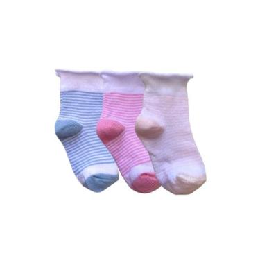 Imagem de Kit 3 Pares Meia Algodão Bebê Punho Suave Listradinha Conforto Tamanho