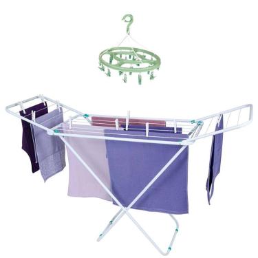 Imagem de Kit Varal Chão Com Abas 144cm Aço Roupas Dobrável + Mini Varal Redondo Prendedor - Mor