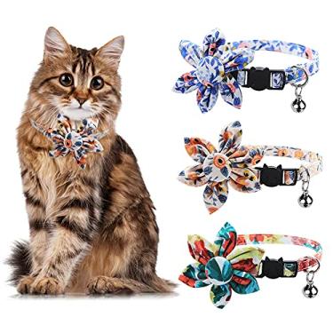 Imagem de Pacote com 3 coleiras ajustáveis para gatos com sino, girassol macio coleira floral para gatinho gatinho filhote de cachorro pequeno