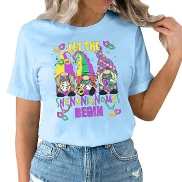 Imagem de UIFLQXX Gnomos Funny Jester Hat Lovers Mardi Gras Day camiseta com estampa de letras camisetas engraçadas de carnaval para festa, Azul claro, P