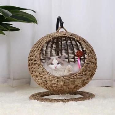 Imagem de Cama suspensa para gatos, cadeira de ovos, rede de vime para animais de estimação com almofada removível adequada para cães e gatos pequenos em ambientes internos e externos - cinza escuro (tamanho: