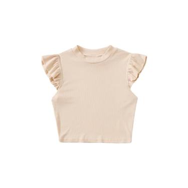 Imagem de OYOANGLE Camiseta feminina de malha canelada manga cavada gola falsa acabamento babados camisetas casuais sólidas, Damasco, 13 Anos
