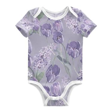 Imagem de Wudan Body feminino aquarela tulipas lilás violeta cinza manga curta algodão mês menino camiseta 3M, Tulipas aquarela, lilás, violeta, cinza, 6M