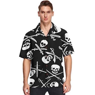 Imagem de visesunny Camisa masculina havaiana de caveira pirata com espadas cruzadas de botão casual manga curta unissex praia Aloha, Multicolorido, XG