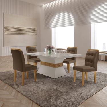 Imagem de Mesa Clarice 120 Tampo Mdf Vidro/canto Reto 4 Cadeiras Valentina Marrom/Off White/Off White/Imbuia/Serig. Off
