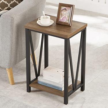 Imagem de FOLUBAN Mesa lateral com prateleira de armazenamento, mesa de canto rústica para sala de estar, mesa de cabeceira de madeira e metal para quarto, carvalho