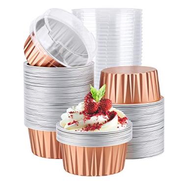 Imagem de EUSOAR Forros de cupcake, 141.7 g 125 ml Copos com tampas 100 peças, ramekins creme brulee, ramekins de folha descartável, copos de folha de alumínio, copos de assar, forma de suporte de cupcake de