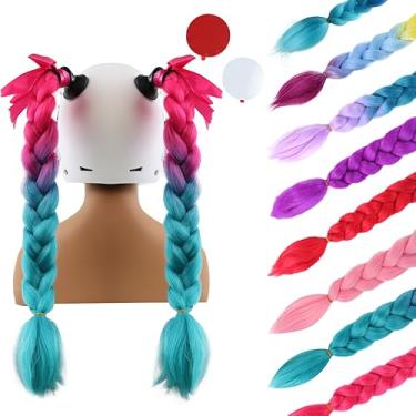 Imagem de Eaaxup Capacete de 2 peças vermelho azul com ventosa removível – Tranças de rabo de cavalo de motocicleta e bicicleta para qualquer decoração de capacetes – Muitas cores (capacete não incluído)