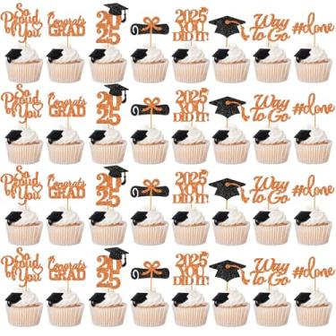 Imagem de 40 peças de enfeite de cupcake de formatura com glitter, laranja, 2022 topos de cupcake para formatura aula de 2022, artigos de topo de cupcake, enfeites de cupcake de parabéns decorações de festa de formatura 2022 laranja e preto