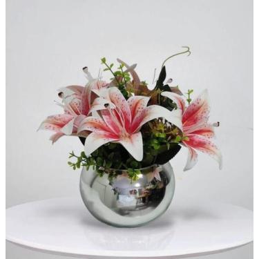 Imagem de Arranjo de flores lírios  artificiais no vaso prata espelhado - La Caz
