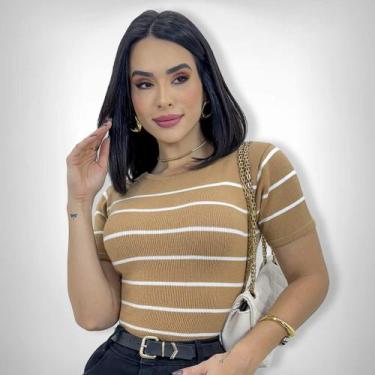 Imagem de Cropped Blusa Listrada Manga Curta Tricot Modal Blogueira - SWISS BOUT