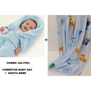 Imagem de Kit Jolitex Enxoval ! Cobertor Baby Sac + Manta Bebe Menino, Azul-clar