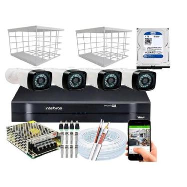 Imagem de Kit 4 Câmeras + DVR Intelbras + Câmeras HD 720p 20m Infra + Fonte, Cab