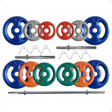 Imagem de Kit de Anilhas Emborrachadas 40 Kg + 02 Barras de 40cm + 01 Barra de 1