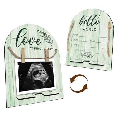 Imagem de Placa de madeira Hello World Baby Recém-nascido - Moldura de ultrassom com suporte - Placa de anúncio de bebê inacabada com impressão dupla face - Quadro de marcos de bebê e presente de gravidez