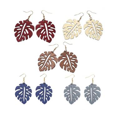Imagem de 2 pares de brincos de pino de madeira natural folhas de monstera para mulheres meninas planta tropical folha de palmeira brincos africanos joias étnicas feitas à mão, Metal Madeira, madeira