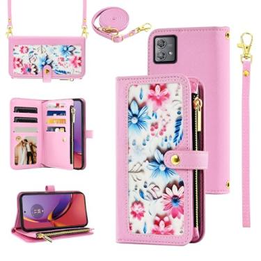 Imagem de Furiet Capa carteira floral para Motorola Moto G84 5G com alça de pulso alça de ombro flip bolsa com zíper, suporte de cartão de crédito de couro PU de luxo acessórios para celular G 84 2023 feminino
