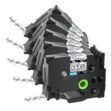 Imagem de POPOBUY Fita transparente laminada TZ TZe de 18 mm 0,7 compatível com Brother P Touch TZ141 TZ-141 TZe-141 TZe141 para etiquetadora PTD410 PTD400 PTD610BT PTD600, pacote com 5, preto sobre