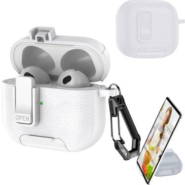 Imagem de YSNZAQ Capa de fone de ouvido para AirPods 3 com chaveiro, fone de ouvido multifuncional com trava automática magnética, porta de carregamento à prova de poeira, suporte de telefone para AirPods 3 PW
