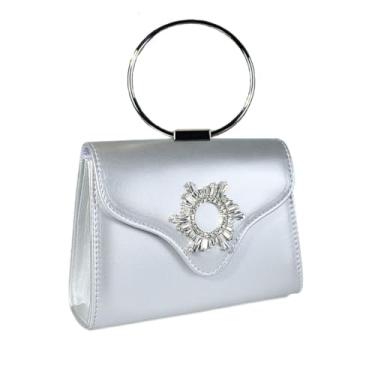 Imagem de Passionxie 1 bolsa de mão de poliuretano prata com decoração de cristal, bolsa de noite com alça redonda de anel de metal, bolso interno - adequada para compras em banquetes e festas (prata), Prata