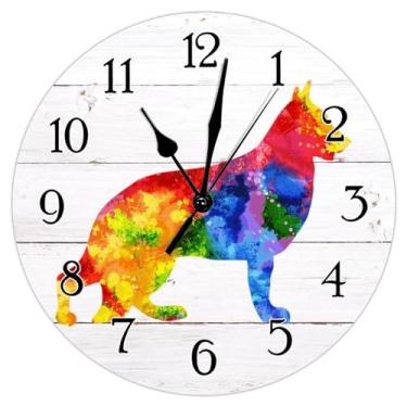 Imagem de LILINWAN Relógio de parede de pastor alemão em aquarela para cães pastor alemão colorido silhueta de cachorro filhote de cachorro animal relógios de parede quartzo de qualidade operados por bateria