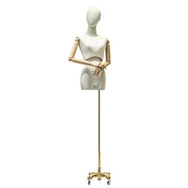 Imagem de CUTPOIY Manequim de busto feminino em forma de vestido, manequim de exibição de roupas de altura ajustável, manequim de costura de janela de loja (linho bege com suporte dourado)