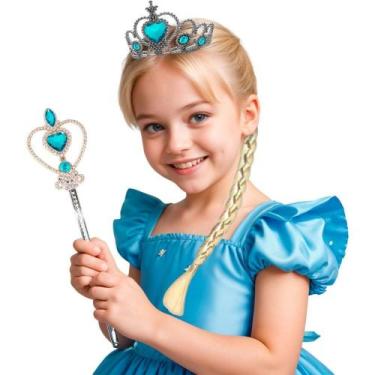 Imagem de Kit Coroa de Princesa Infantil Tiara Coroa Varinha Mágica e Trança pra