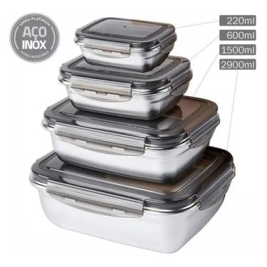 Imagem de Conjunto de 4 Potes de Aço 304 Inoxidável e Antibacteriano com Tampa d