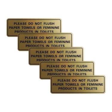 Imagem de All Quality Padrão Please Do Not Flush Toalhas de Papel ou Produtos Femininos em Banheiros Sinal de Porta/Parede - Material Durável | Fita de Espuma Dupla Face | Ouro Escovado - Pequeno (pacote com 5)